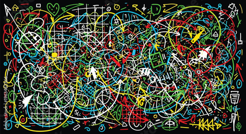 Chaotic Abstract Doodle Art with Arrows and Symbols abstract, doodle, art, chaotic