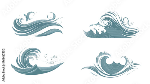 Four stylized illustrations of ocean waves, varying in shape and form, painted with a textured blue-green hue