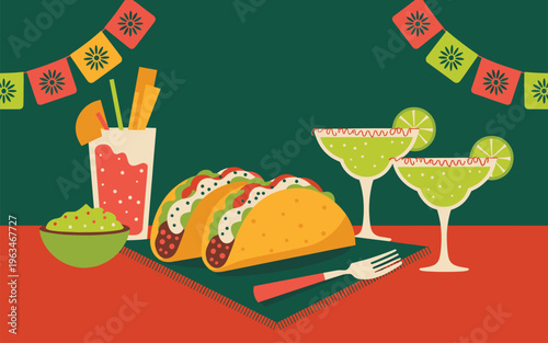 Mexican Fiesta Dinner: Tacos Margaritas Guacamole and Festive Decor with Flat Illustration Style