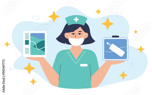 Nurse Holding Tablet and Medical Device with Sparkling Stars Flat Design