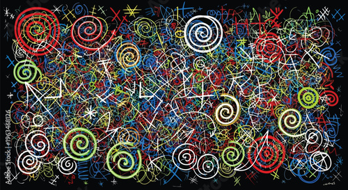 Vibrant Chaotic Abstract Doodles and Swirls on Black Background  abstract, doodle