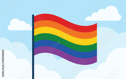 Rainbow Pride Flag Waving in Sky with Clouds LGBTQ Symbol of Diversity and Inclusion Flat Design