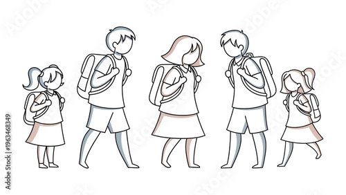 School Days: A group of students stroll together, bags slung over their shoulders. Reflecting the innocence of youth and anticipation of learning. 