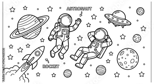 Astronaut in outer space coloring page for kids with rocket and ufo.