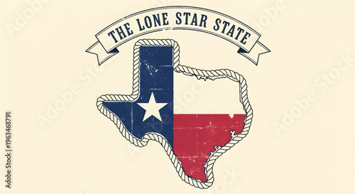 Vintage Texas state map with flag colors, distressed Lone Star State emblem with rope border, rustic western vector illustration for travel and tourism