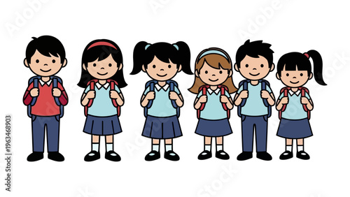 Schoolchildren in Formation: A group of enthusiastic schoolchildren stand side by side, showcasing their backpacks and uniforms, ready for a day of learning.