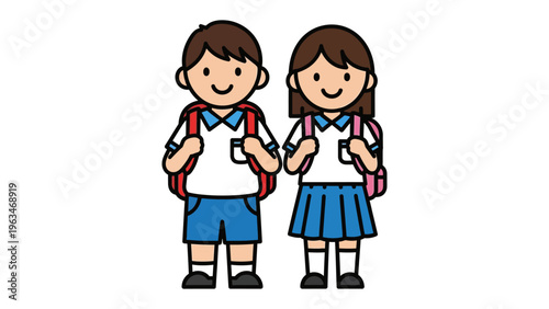 School Time Buddies: Two young students, a boy and a girl, stand side-by-side, their matching schoolbags a symbol of shared learning and friendship.