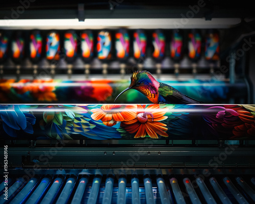Vivid Hummingbird Print Roller Art Concept dynamic imagery showcasing intense chromatic detail within professional print environment illustrating vibrant artistic workflow