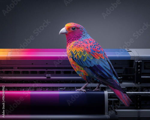 Color Printshop Bird Spectrum Concept vibrant multicolor bird presence professional printshop environment color production workflow vivid spectrum transition