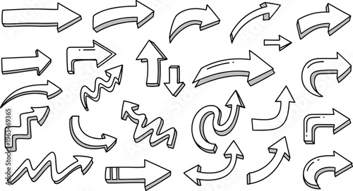 Collection of Hand-Drawn Arrows in Various Styles, Directions, and Designs for Web and UI Elements, Illustrations, and Graphic Projects
