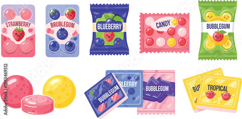 Colorful Candy Pack and Sweets Set with Fruit Flavors, Packaging, and Candy Icons for Confectionery, Branding, and Snack Design