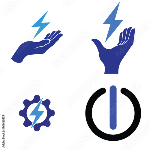 A collection of stylized graphic icons representing electrical energy power and control symbols.