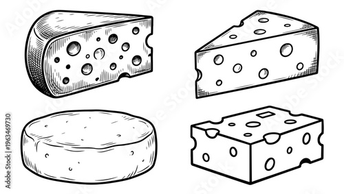 Cheese Icon Set – 4 Unique Designs on PNG Background, cheese, food, dairy, Swiss cheese, cheddar, brie, line art, hand-drawn illustration, black and white, vector, icon set, high resolution, 