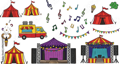 Colorful Circus Festival Set with Tents, Stage, Music Notes, Van, Speakers, and Decorations for Event, Carnival, and Entertainment Illustrations.
