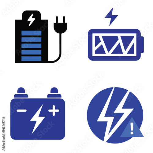 A collection of four distinct battery and electrical power symbol icons on a plain white background.