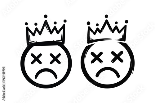 Hand drawn graffiti style sad face emoji icons wearing crowns with crossed out eyes on white background. Vector