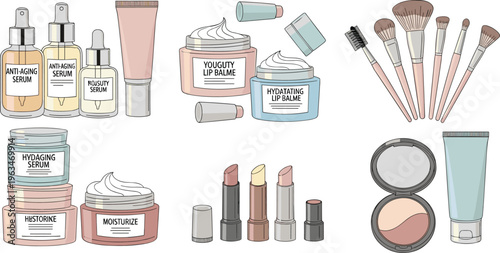 Cosmetic Skincare Set with Creams, Lipsticks, Brushes, and Beauty Products for Personal Care and Makeup Designs