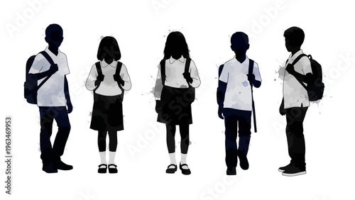 Back to School Silhouette: A diverse group of young students, with their backpacks in tow, stand in a line. This illustration depicts the start of a new academic year.