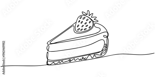 Vector illustration of a delicious slice of birthday cake with chocolate cream and cherry on top in a cute cartoon bakery style