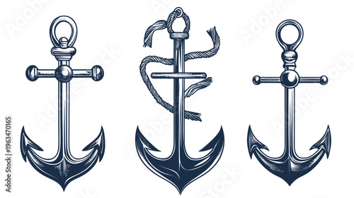 Three stylized, detailed illustrations of anchors. One is rope-wrapped, another plain, and the last with crossbar