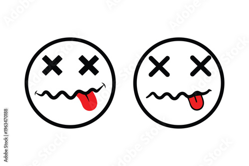 Two dead smiley face icons with cross eyes and red tongues hanging out on white background. Vector