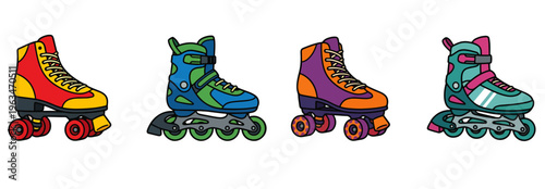 Roller Skates Icon Set – Vector on PNG Background, roller skates, quad skates, inline skates, sports, recreation, movement, colorful design, vector, white background, stylized illustration, icon set, 
