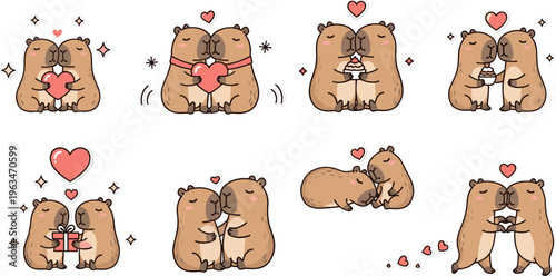 Cute Couple Bear Icon Set with Love, Hugs, Kisses, Heart Shapes, and Affectionate Gestures for Romantic Illustrations.