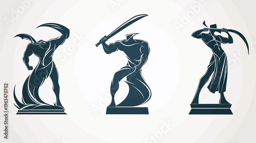 Three stylized, headless figures in dynamic poses, with weapons, on pedestals. Dark silhouette art