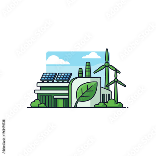 Sustainable green energy factory with solar panels and wind turbines vector