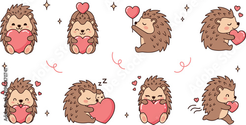 Cute Hedgehog Holding Heart Icon Set with Sweet, Sleepy, and Affectionate Poses for Love and Friendship Illustrations.