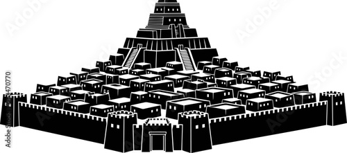 Ur city skyline silhouette, mudbrick houses, temple complex, defensive walls.