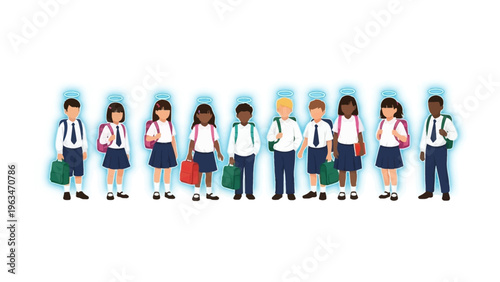 School Students: A diverse group of students stands together in their uniforms, ready for a day of learning.