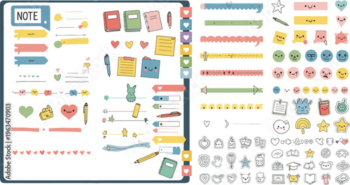 Cute Kawaii Planner Stickers Set with Notes, Emojis, Labels, Icons, and Decorative Elements for Journaling, Scrapbooking, and Organization Design.
