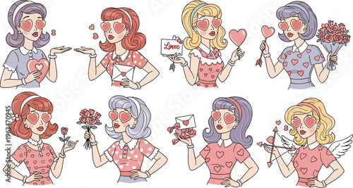 Cute Retro Pin-Up Girls with Love Hearts, Flowers, and Valentine's Day Gifts in Pastel Colors for Sweet and Romantic Illustrations