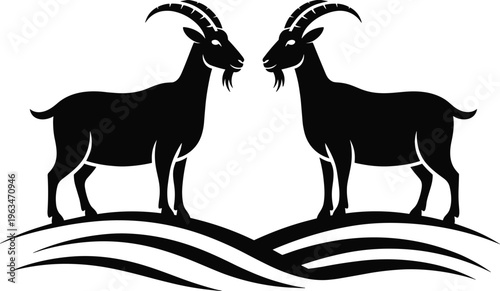Two goat silhouettes with curved horns standing symmetrically on hills, farm animal illustration, rural livestock concept, black vector design isolated on white background