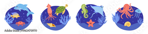Cute ocean sea life animals cartoon set with dolphin turtle octopus seahorse crab starfish in circular underwater scenes collection flat vector illustration for kids