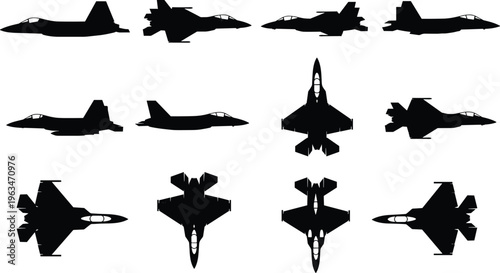 Fighter jet silhouettes collection isolated on white background, military aircraft in multiple views, black vector illustration set for aviation, defense, and technology design use