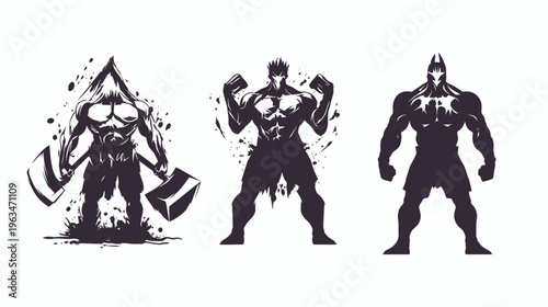 Three stylized, muscular figures, one hooded with hammers, others powerful. Black on white