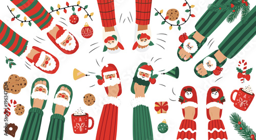 Festive Christmas Socks, Cookies, and Decorations with Santa Hats, Gifts, and Holiday Cheer for Winter Holiday Designs