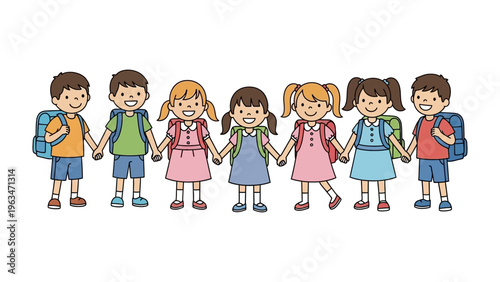 Children's Unity: A charming illustration depicts a circle of cheerful kids holding hands together, symbolizing friendship, togetherness and the beginning of their school adventure.