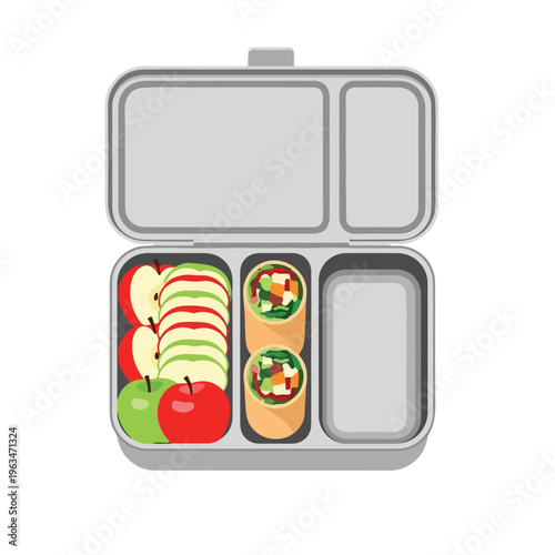 Healthy lunch box with sliced apples and vegetable wraps, ready for school or work, isolated on white background