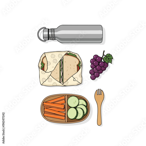 Healthy packed lunch with sandwich, fruit, vegetables, and water bottle, flat lay overhead view