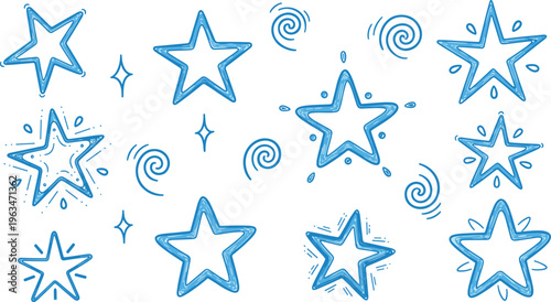 Hand-Drawn Blue Stars with Sparkles and Swirls for Decorative, Magical, and Creative Design Illustrations.
