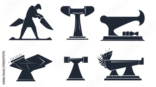 Silhouetted illustration of tools, blacksmith, anvil, and hammer. Industrial tools and worker