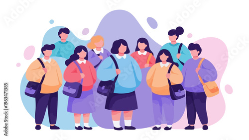 School Group Illustration: A vibrant illustration showcasing a diverse group of students, each with unique personalities and a shared sense of community, ready for a day of learning.