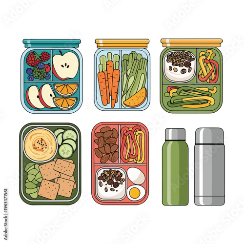 Healthy Lunch Boxes and Food Jars Filled With Fruits, Vegetables, Snacks, and Drinks