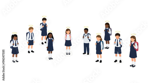 School Angels: A diverse gathering of young students, adorned with halos, stand together, epitomizing innocence and representing the pursuit of knowledge and the beauty of education.