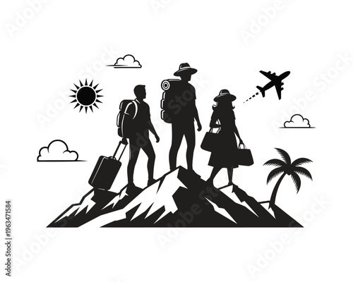 Silhouette of travelers with luggage standing on a mountain peak during a vacation trip Vector