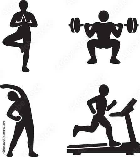 Four black silhouette of people exercising yoga weightlifting stretching running meditation