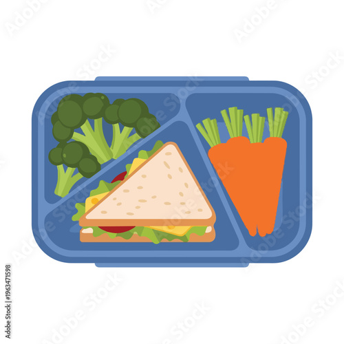 Healthy school lunchbox with sandwich, broccoli, and carrot sticks in a blue bento box, flat design illustration